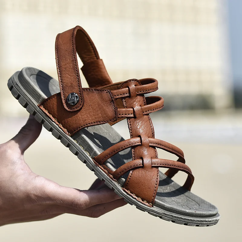 Топ Летние босоножки из натуральной кожи Для мужчин; повседневная обувь кроссовки Открытый пляжная обувь Пряжка родной мужской резиновые