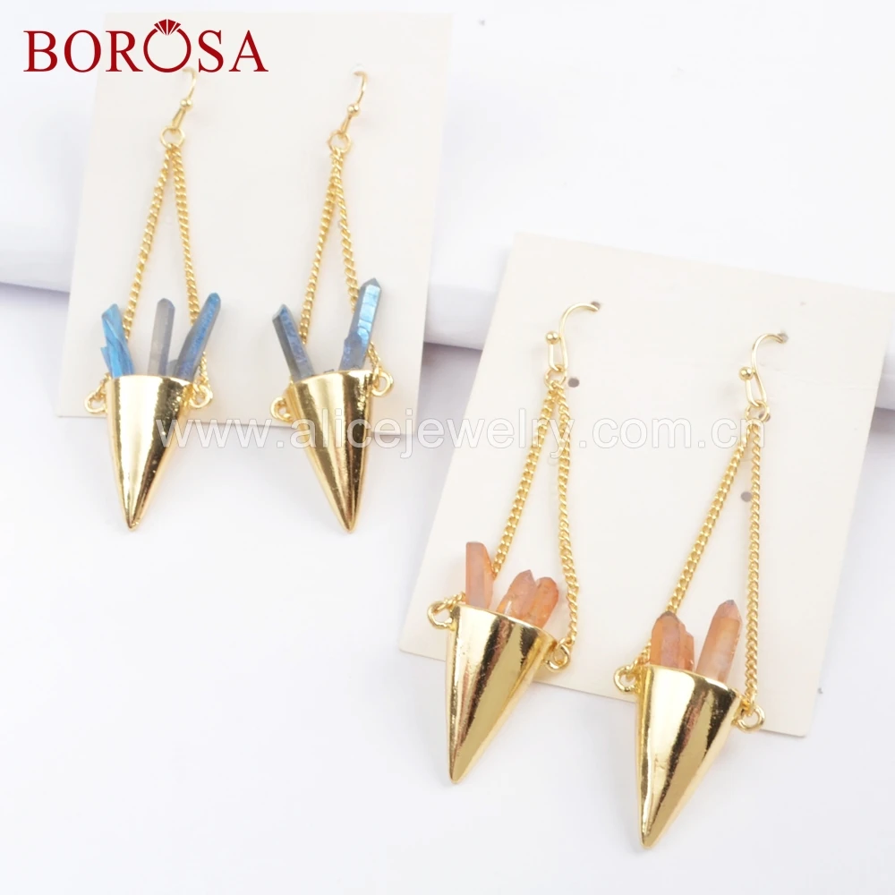 

BOROSA 10Pairs New Arrival Gold Color Rainbow Crystal Point Earrings Drusy Dangle/Drop Earrings Jewelry Mixed for Party WX1059