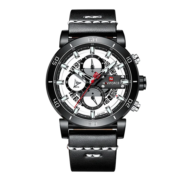 BlackWhite NAVIFORCE спортивные хронограф мужские часы Модные Аналоговые кожаные армейские военные мужские кварцевые наручные часы Relogio Masculino - Цвет: BlackWhite
