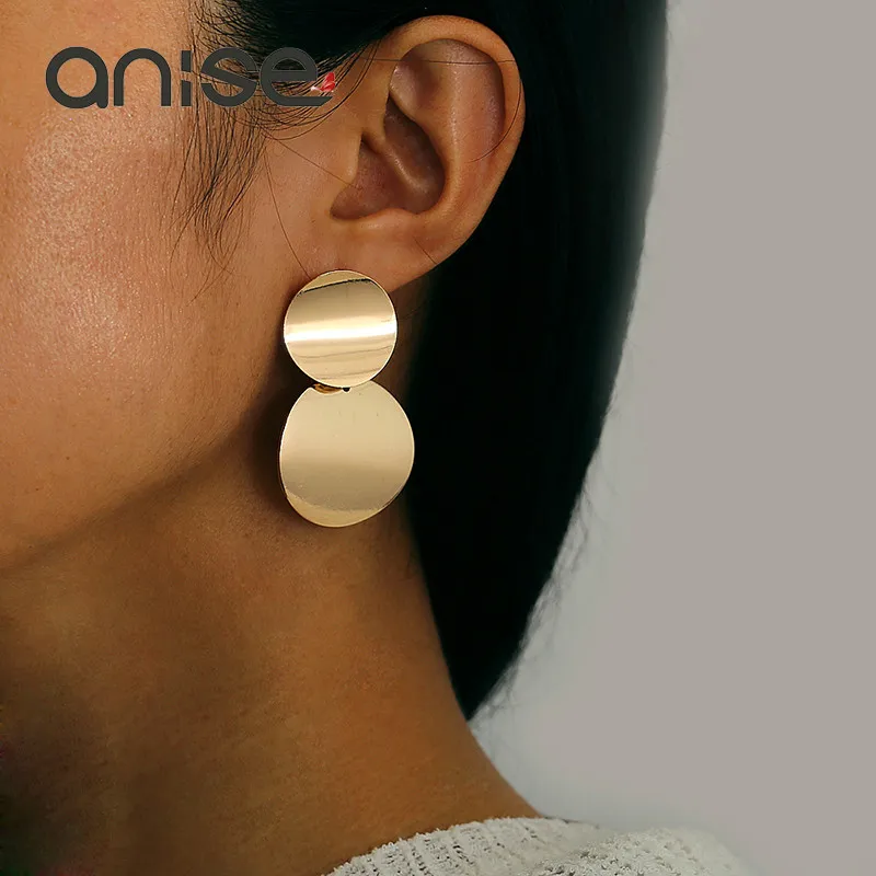 

Anise Fashion Metal Round Stud Earring for Women Gold Silver Color Double Geometric Circle Earring Punk Statement Brinco Jewelry