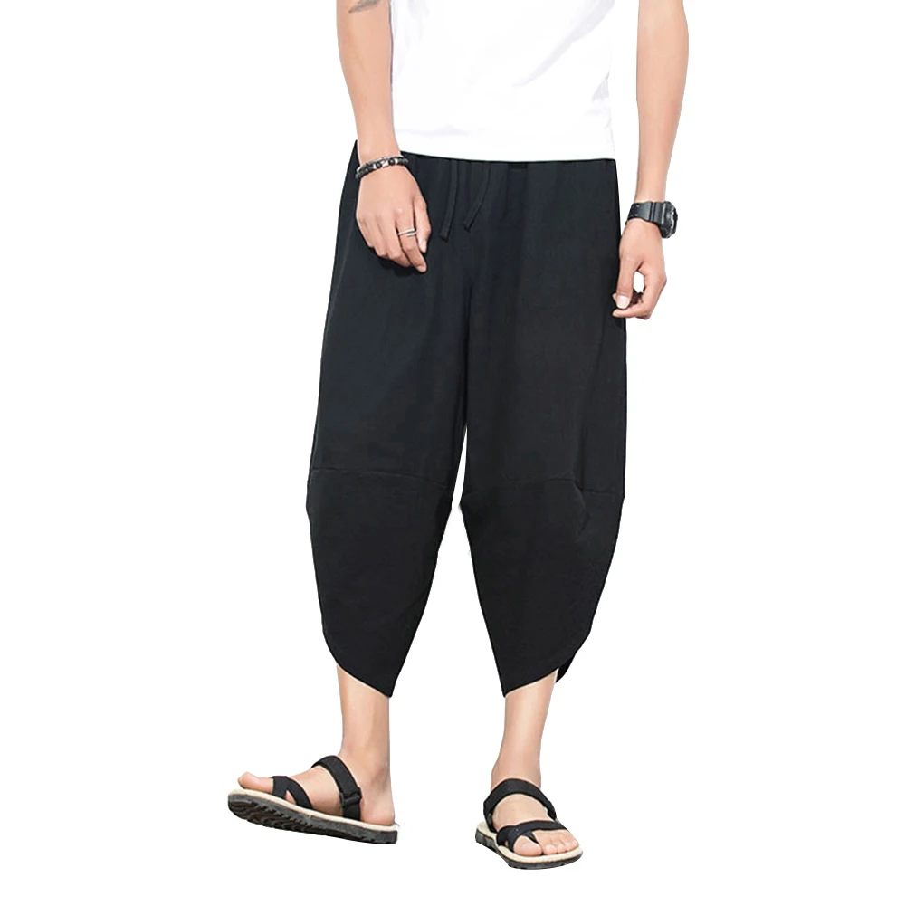 Men Summer Casual Plus Size Solid Color Cropped Harem Pants Wide Leg Trousers new