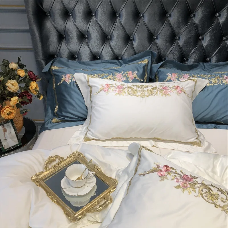 Excellent Champagne Blue White Luxury Royal Embroidery 100S Egyptian Cotton Palace Bedding Set Duvet Cover Bed sheet/Linen Pillowcases 68