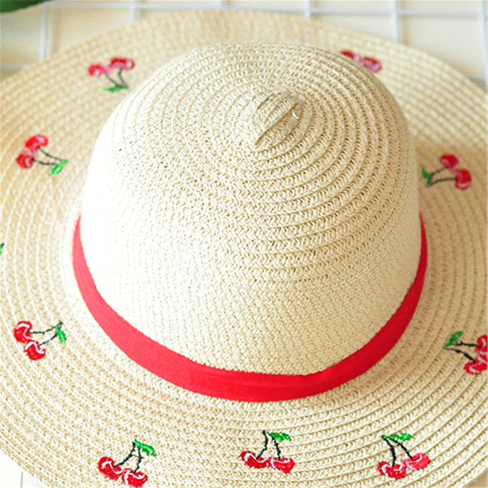 Соломенная шляпа милая детская шляпа фрукты Cherry большой вдоль пляжная шляпа кепки небольшой свежий Glris летняя