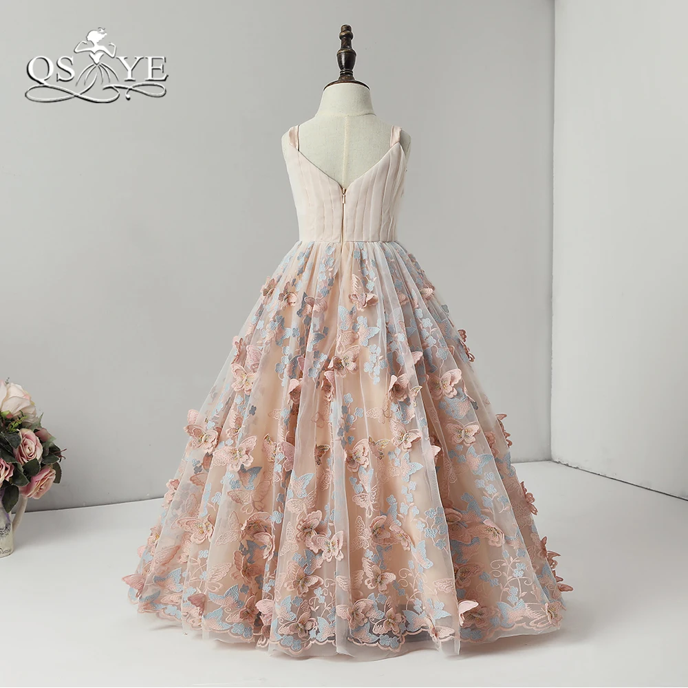 Qsyye 2018 милый цветок девочки платья Спагетти ремни V шеи 3D цветочные кружева длиной до пола для девочек Пром платье для свадебные