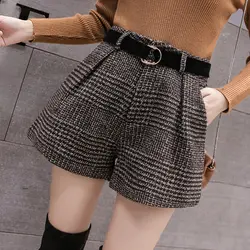 2019 Высокая талия Шерсть шорты для женщин 2 цвета S-XL женские осенние клетчатые широкие брюки