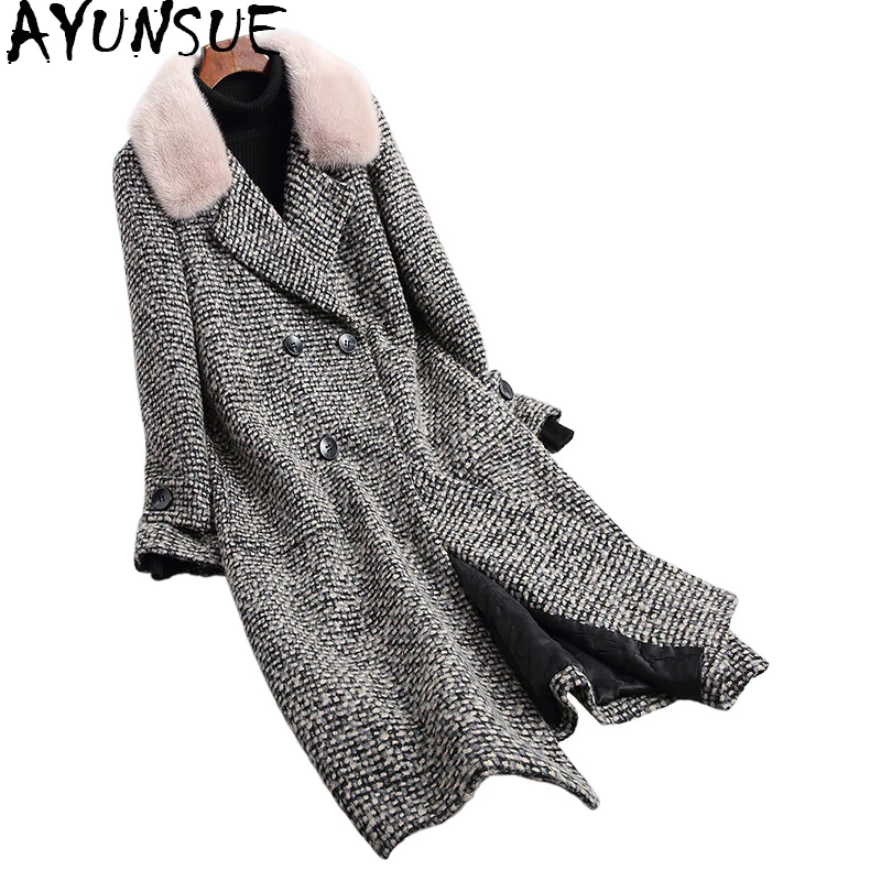 

AYUNSUE Tweed Wool Coat Female Real Fur Coat Long Detachable Lamb Fur Liner Winter Jacket Natural Mink Fur Collar Coats 18070
