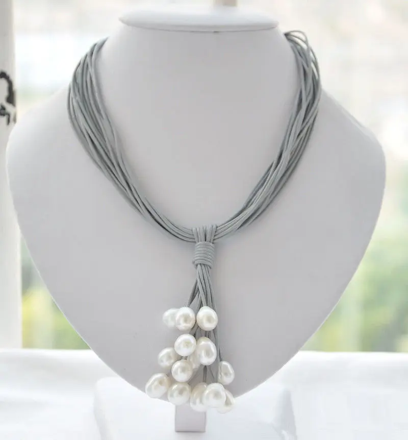 

Hot sale new Style >>>>>15 row 17" 13mm white rice pearl gray leather grape necklace