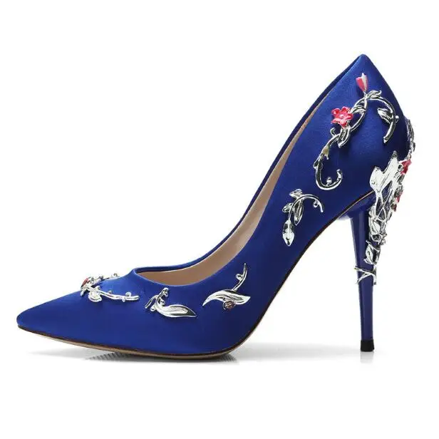 

Top production brand pumps women luxury metal flower high heels pumps pointed toe Italy style ladies shoes Satin dress shoes