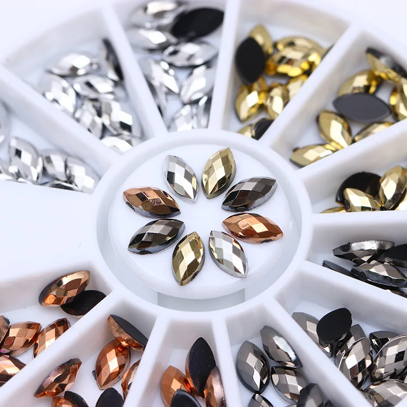 

120 Pcs Marquise Nail Rhinestone Shiny Nail Beads Tips Decoration in Wheel Flat Bottom Resin Manicure Nail Art Design