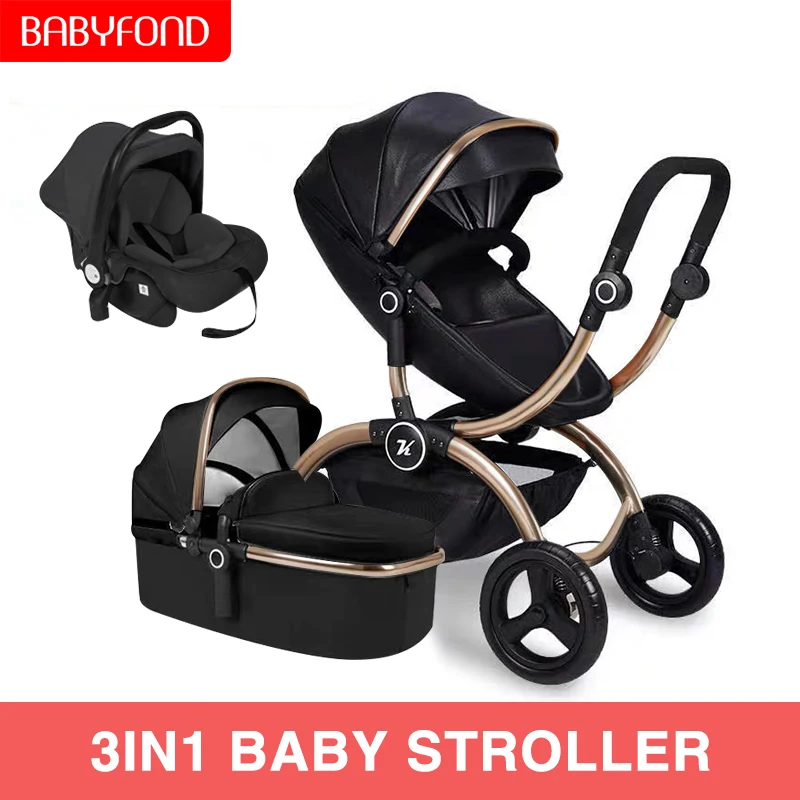 Black 3 in 1 Baby Stroller 3 in 1 Tricycle Baby Walker High Landscape Stroller Folding Strollers Baby Trolley Baby Pram for Baby 0-36 Months