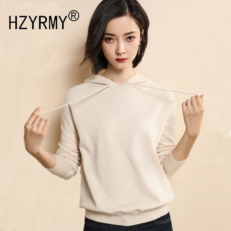 HZYRMY Spring Autumn New Women's Cashmere Sweater Fashion Solid Color Hooded Soft Shirt Short Loose Wool Knit Pullover Sweaters | Женская