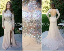Champagne Mermaid Long Sleeve Brautkleider Durchsichtig Strass Kristall Robe De Soiree Frauen Elegante Lange Abendkleid 2017