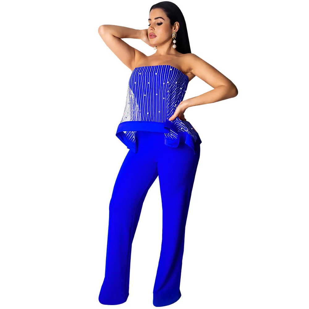 

Women Jumpsuit Sheer Mesh Beading Spliced Sexy Off Shoulder Sleeveless Celebrity Club Party Bodysuit Wide Leg Beach Rompers
