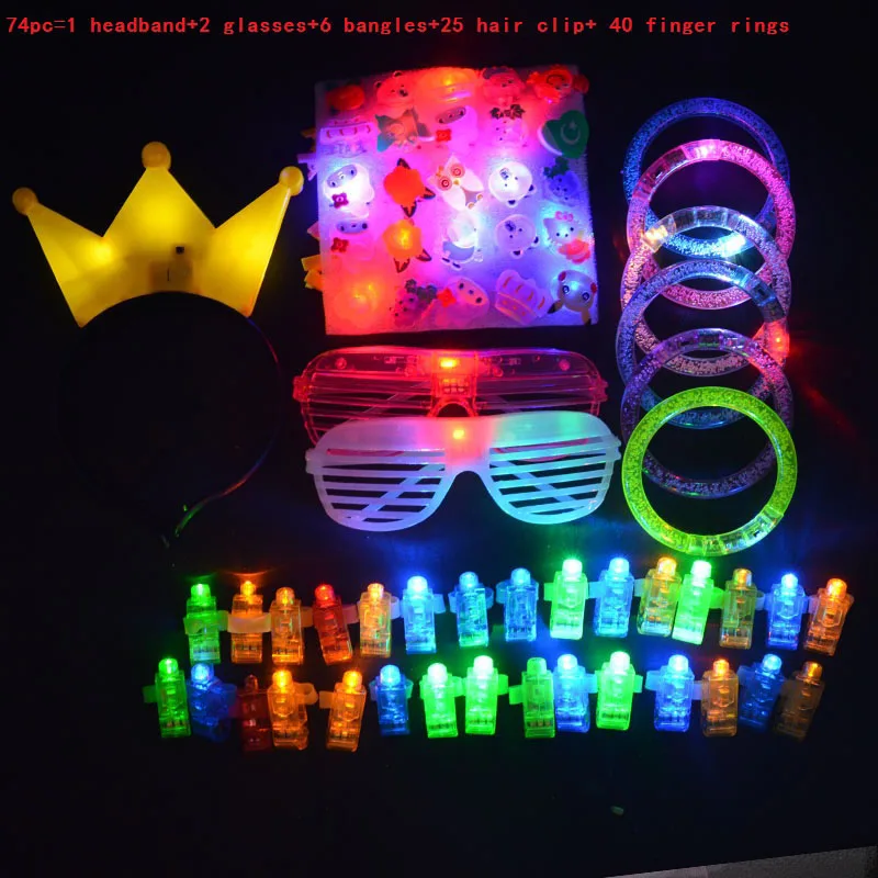 

74pcs LED Glow Party Favor Supply Crown Tiara Headband Light Finger Lights Flashing Glasses Neon Party Bracelets Glow Props