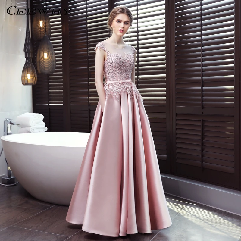 

CEEWHY Open Back Lace Satin Dress Elegant Pink Gowns Vestido De Festa A-line Long Evening Dresses Robe De Soiree Abendkleider