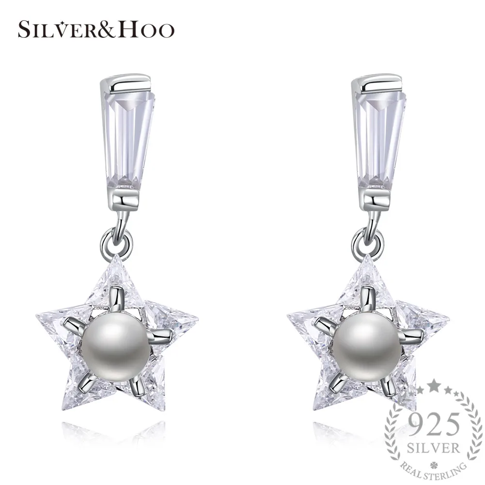 

SILVERHOO Genuine 925 Sterling Silver White Star Drop Earrings with Pearl Jewelry for Women Wedding Paty Accessories