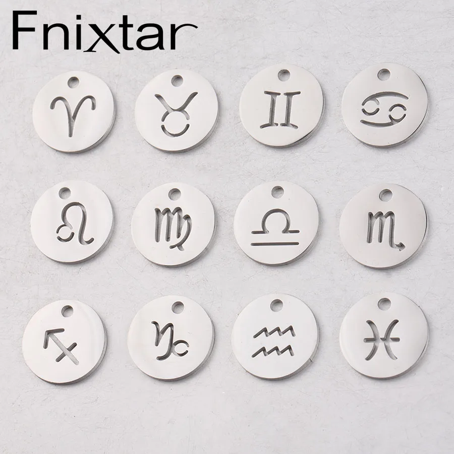 

Fnixtar 12mm Constellation Charm Pendant Mirror Polish Stainless Steel 12 Signs Zodiac Charms For DIY Making 12pcs/lot