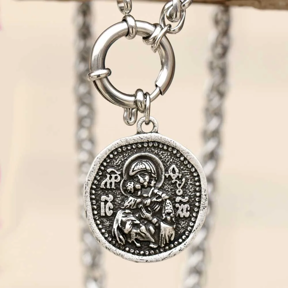 

Miraculous medal Necklace Mens Orthodox Icon Religious Greek Jewelry