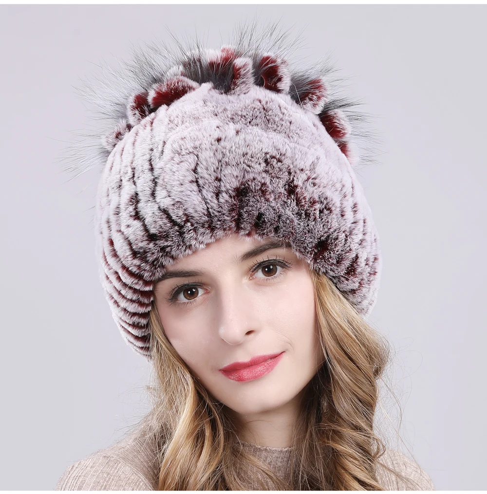 Women Natural Real Rex Rabbit Fur Beanies Hats Winter Warm Knitted Rex Rabbit Fur Caps New Female With Fox Fur Skullies Hat