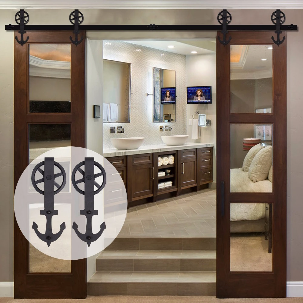 Lwzh 7ft 8ft 9ft Sliding Barn Door Hardware Kit Black Steel Anchor Shaped With Big Rollers Closet Door Hardware For Double Door Barn Door Hardware Kit Sliding Barn Door Hardwaresliding Barn Door Aliexpress