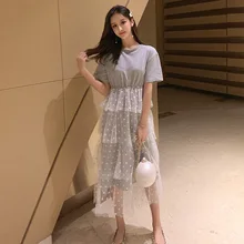 Лето Новое поступление Женская юбка Чистая Пряжа короткий рукав точка шаблон Печать o-образным вырезом хлопок