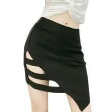 Женская летняя сексуальная мини-юбка с дырками, с высокой талией, с тремя ремешками, ассиметричное, неправильной формы, однотонная упаковка, бедра Co