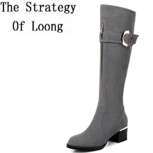 Однотонные зимние сапоги до колена из натуральной кожи с коротким плюшем; женские сапоги из нубука с металлическими украшениями; сезон весна-осень; ZY171003