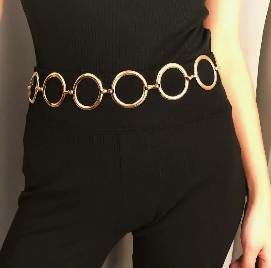 

New Fashion Geometric Long metal Waist Chain belts For Women Personality Dress Metal Belt Female Gold Ring Chain accessories