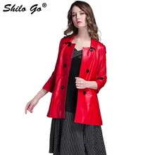 SHILO GO кожаный Тренч Осенняя мода Овчина натуральная кожа длинное пальто с лацканами двубортные с пуговицами Epaulet красная юбка пальто