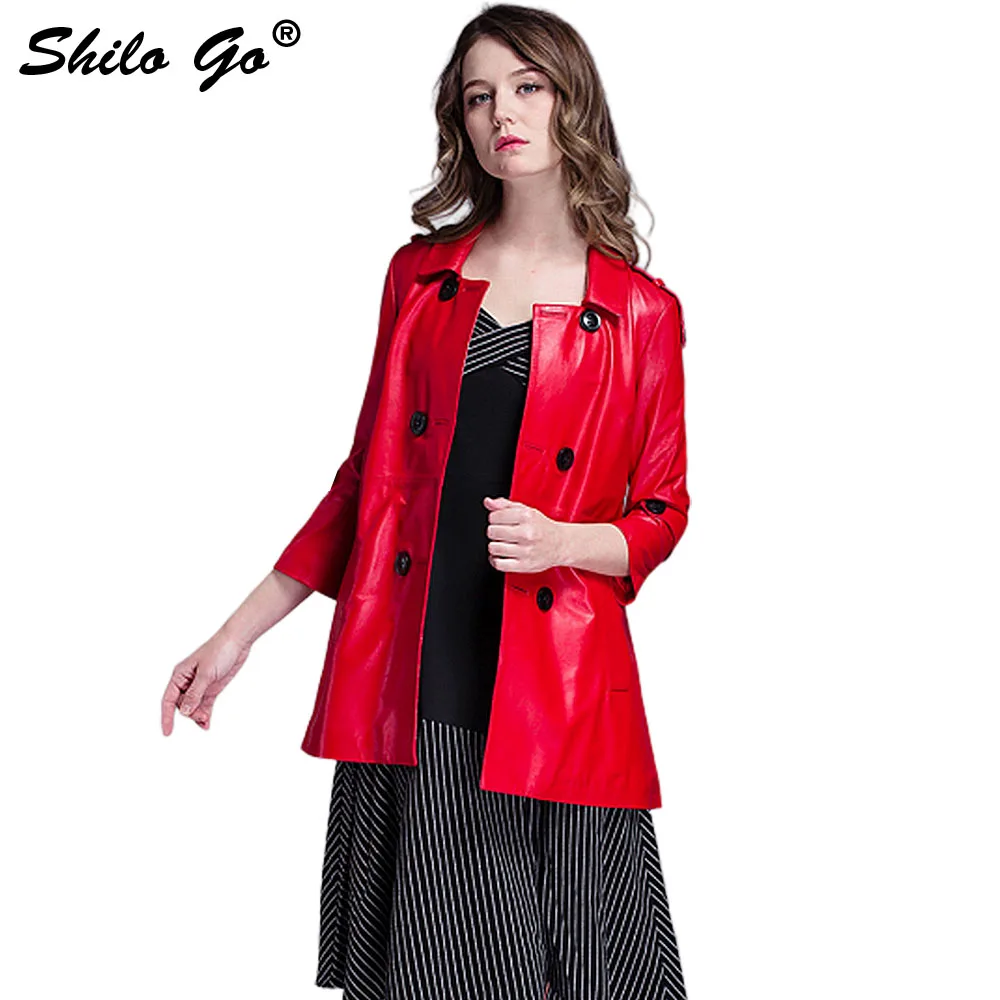 SHILO GAAN Lederen Geul Herfst Mode schapenvacht lederen lange jas revers double breasted button Epaulet rode rok jas SHILO GAAN Lederen Geul Herfst Mode schapenvacht lederen lange jas revers double breasted button Epaulet rode rok jas
