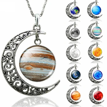 Earth Jupiter Sun Stars Planet Hollow Crescent Moon Necklace Glass Cabochon Jewelry Handmade Pendant DIY Accessories Women Gift
