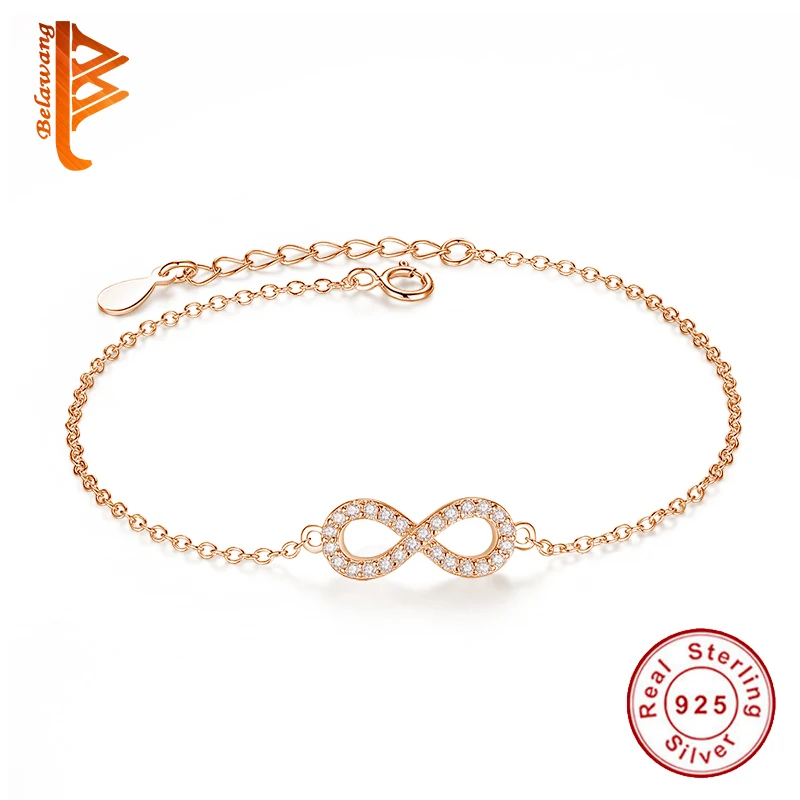 BELAWANG, роскошный хрустальный бант из розового золота, бесконечность, очаровательный браслет для женщин, 925 пробы, серебряный браслет, свадебное украшение бижутерия