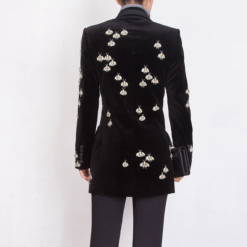 Luxury Designer European Style Spring Fall Bees Beading Long Blazers Notched Black Velvet Slim Diamonds Plus Size Blazer