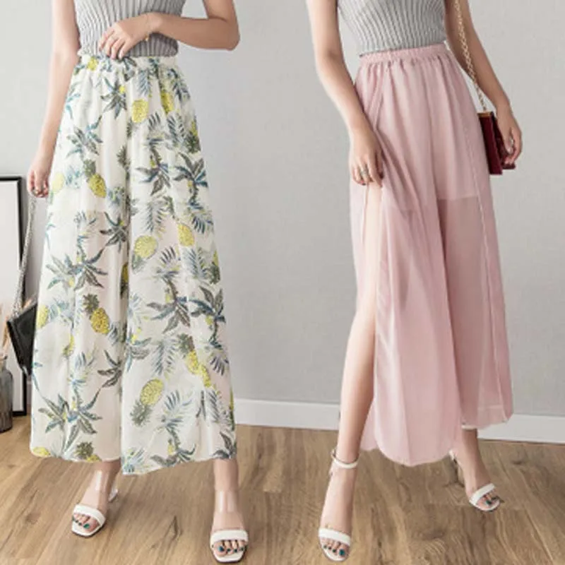 

2019 Broad-legged pants summer thin large size, casual open-forked, nine-minute pants, loose and slim Chiffon sunscreen pants