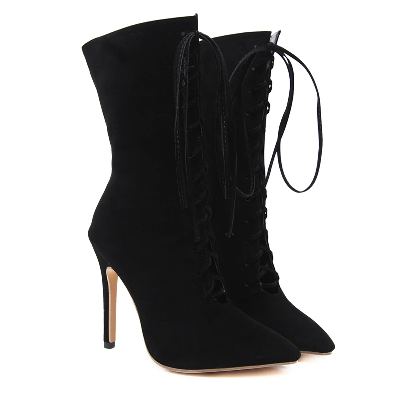 Heel 11cm mollet Mi Talons Noir Dames Haute Stiletto Black Bottes Femmes Up Chaussures Cm 11 Troupeau Dentelle Mode Femelle D'hiver cL5R34AjqS