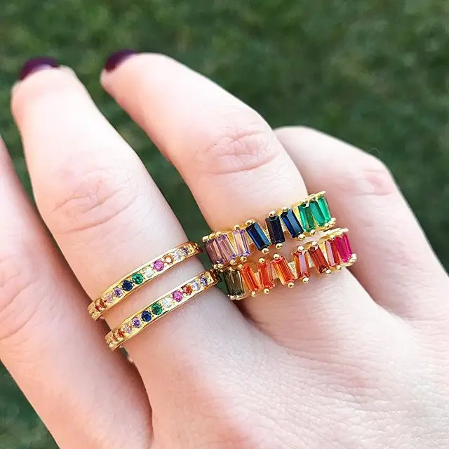 

2019 GOLD color size 6 7 rainbow colorful double cz line H letter with multi rainbow cubic zirconia fashion women finger ring