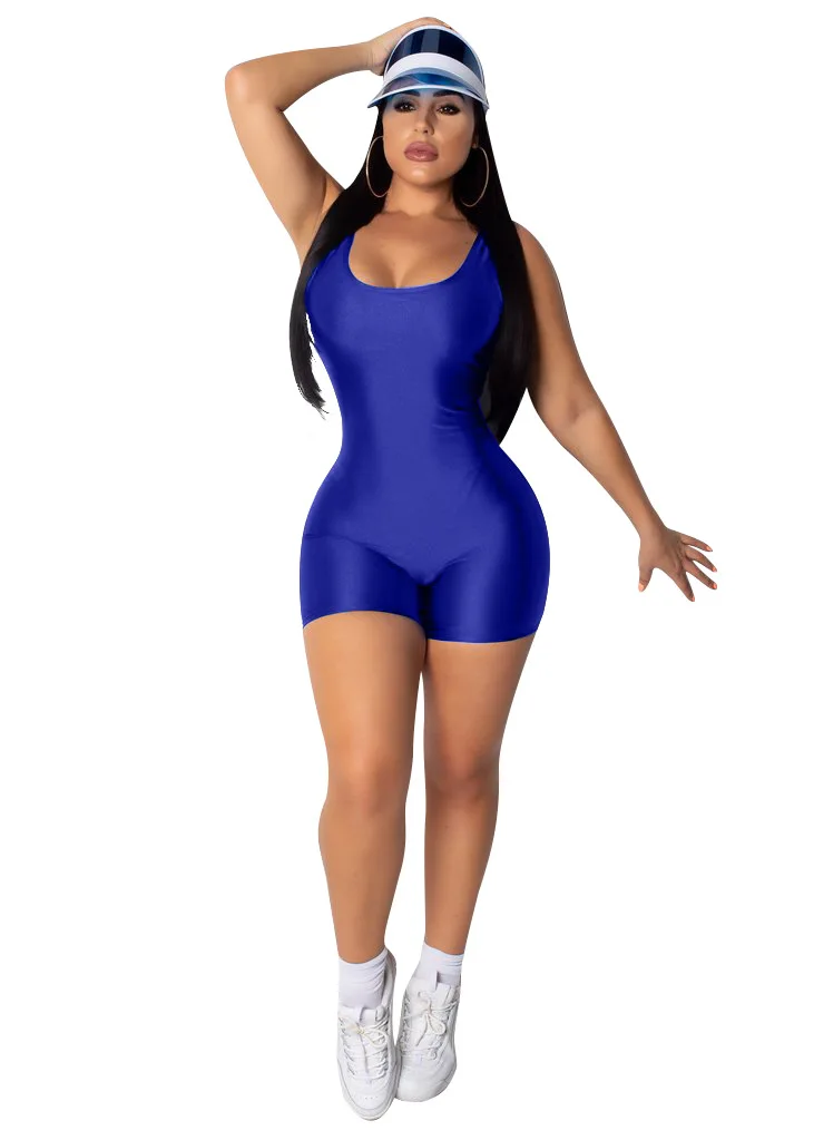 Сексуальный облегающий цельный комбинезон женские шорты комбинезон спортивный костюм Фитнес карамельный цвет игровой костюм без рукавов с открытой спиной D53-AZ21 - Цвет: Синий