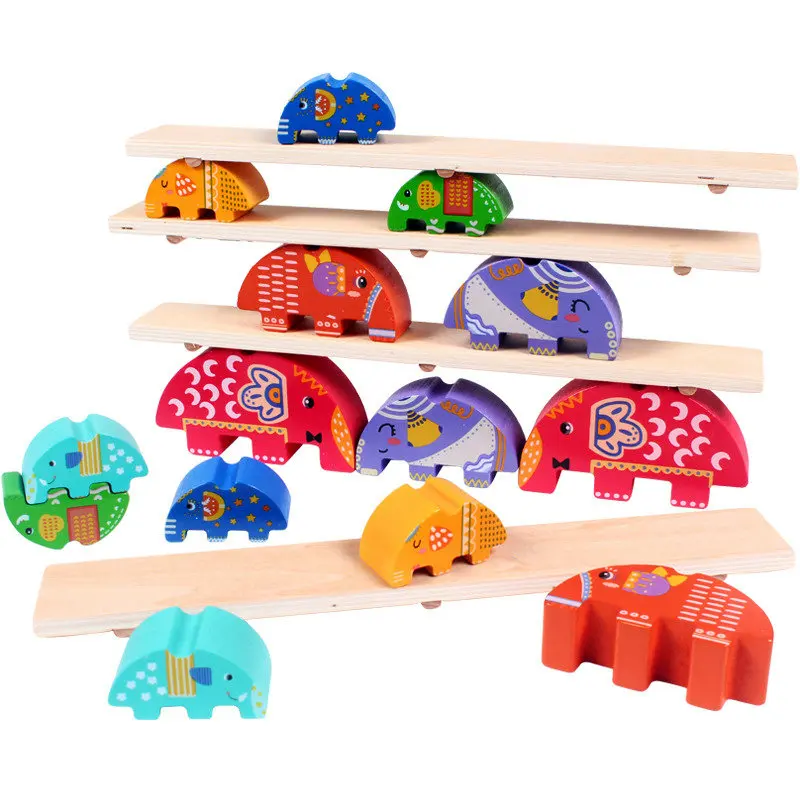 

Elephant Seesaw Balance Beam Wood Blocks Toys Children's desktop parent-child game Animal stack high wooden blocks baby toy gift