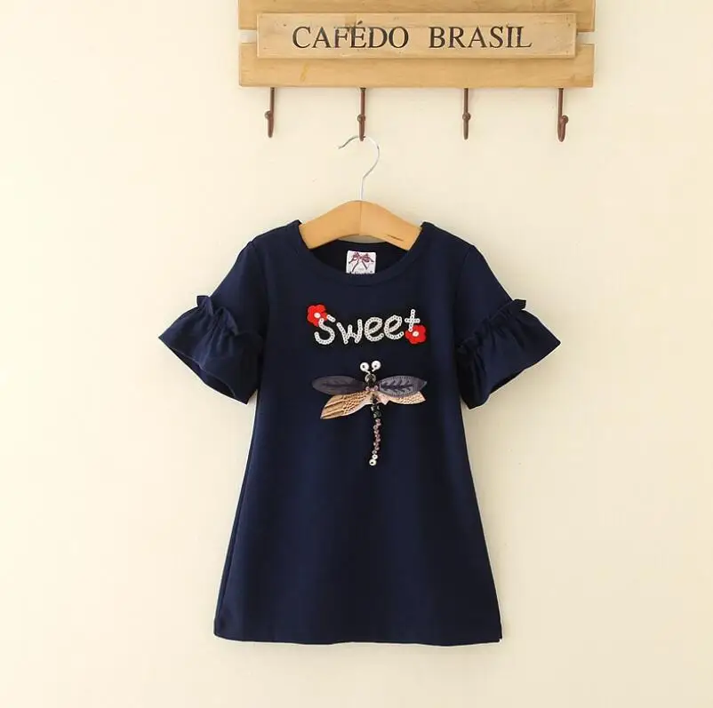 

2019 Children Baby Summer Cotton Sequined Letter Cartoon Dresses, Girls Princess Elegant Brand Navy Dress 5 pcs/lot, Wholesale