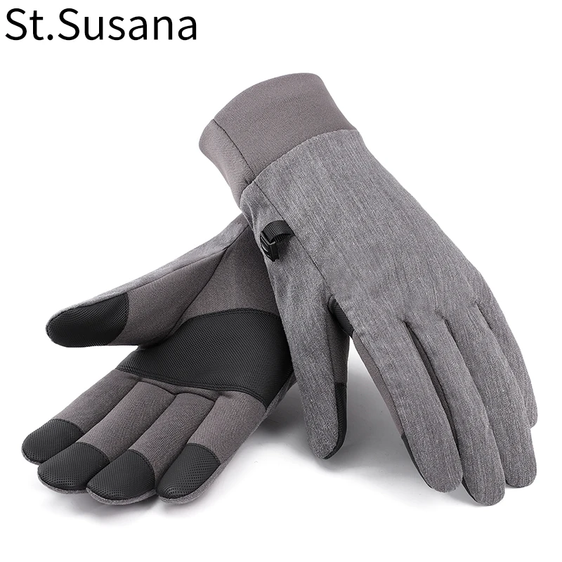 

St.Susana Unisex Autumn Winter Warm Plush Lining Gloves Touch Screen Gloves Non-slip Black Gray Gloves One Size