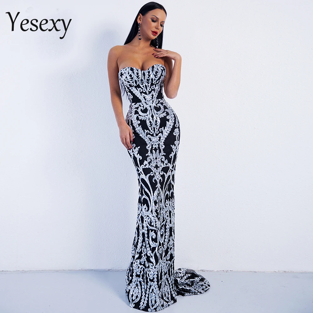 

Yesexy 2019 Sexy New Bra Off Shoulder Retro Geometry Sequin Female Dresses Floor Length Party Elegant Dress Vestdios VR8888-2