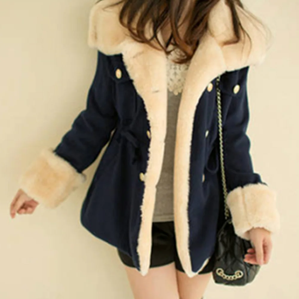 

Korean Style Winter Woolen coat Women Outwear Long sleeve lapel thicker Coat Pure color Double-breasted Woolen keep warm