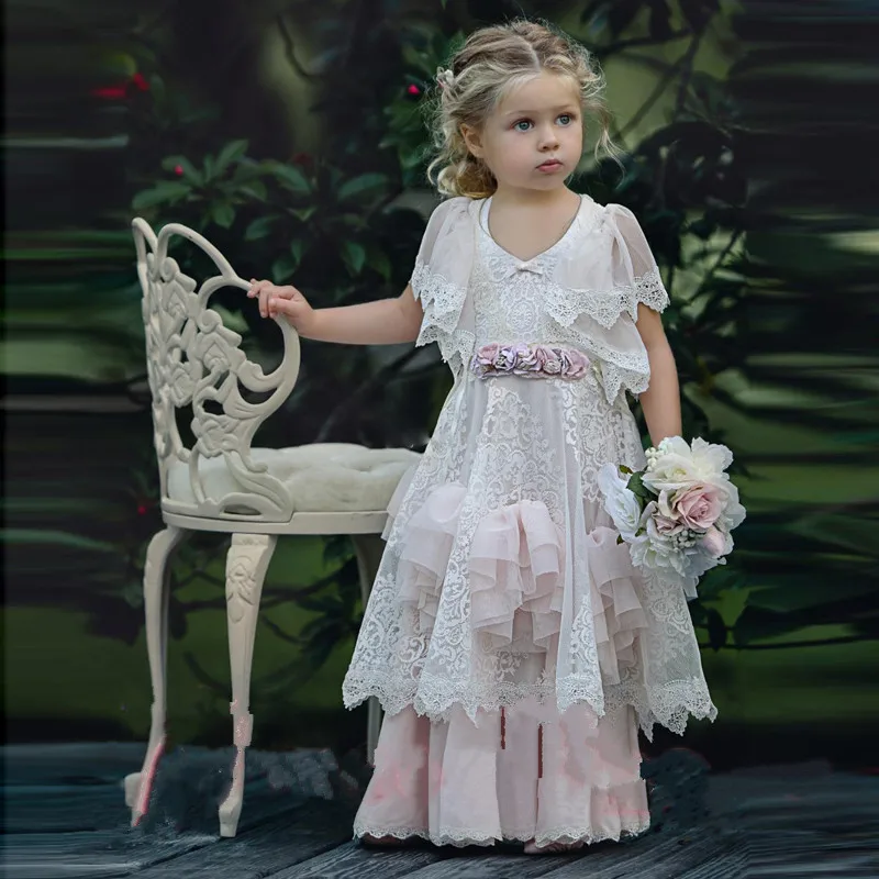 

New Arrival Customized Flower Girl Dress with Ribbon Lace Appliques Three Quarter Sleeve A Line Girls Communion Gown