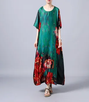 

Silk Vintage Print Dress Original Classic Color Matching Temperament Dress Summer New Loose Slim Long Dress