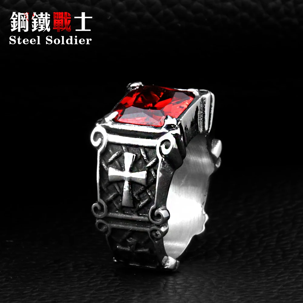 Steel soldier mix color Wholesale Jewelry Lots Vintage Friar Men's double cross Ring With Stone Red/Blue/Black Fashion