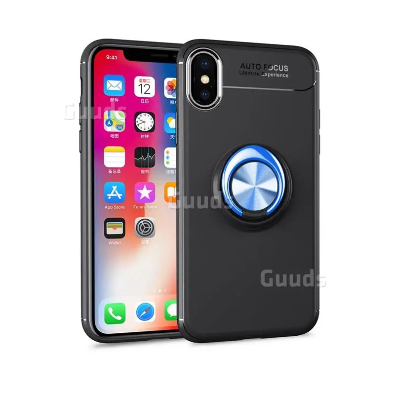 Auto Focus Invisible Ring Holder Soft Phone Case for iPhone X(5.8 inch) - Black Blue