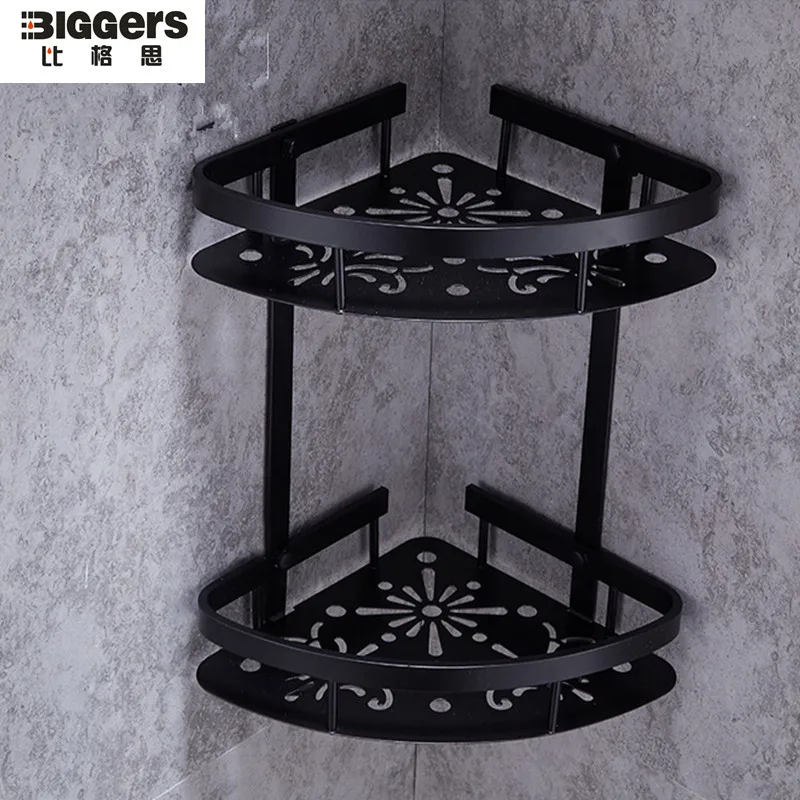 Free shipping Black color aluminium double layer bathroom corner shelf