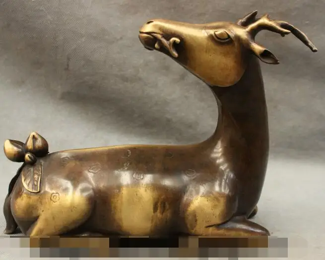 

S3961 11"Chinese Pure Bronze Copper Animals Longevity Shou Peach Deer Statue Sculpture