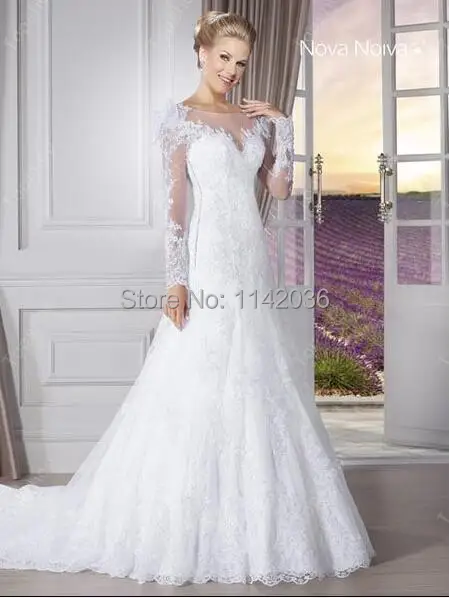 elegante blanca una línea de vestidos de boda 20016 de encaje manga