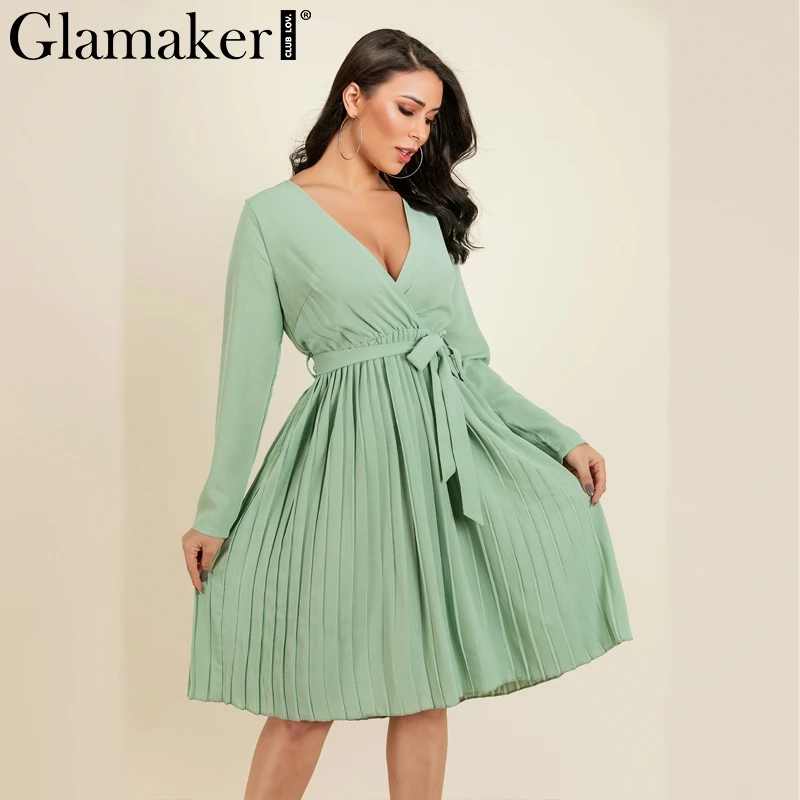 

Glamaker Black deep v neck draped elegant midi dress Spring long sleeve sashes party dress Female high waist summer green dress